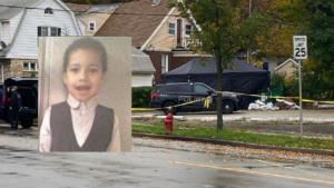 photo of young boy inset over crime scene