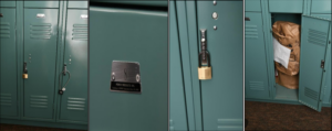 photograph of green lockers, a lock, and a brown evidence bag in a locker