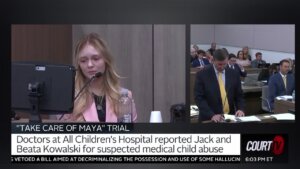 split screen shows maya kowalski testifying and her attorney asking questions