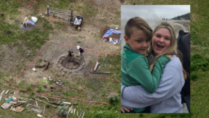 a girl and young boy hug with an aerial view of a property in the background