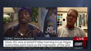 split screen showing tupac on the left and former lapd detective greg kading on the right