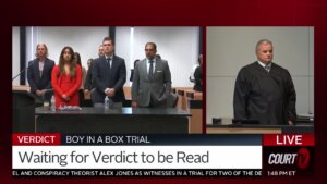 split screen of tim ferriter standing with his attorneys and the judge
