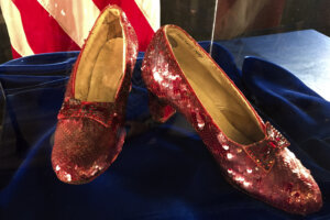 A pair of ruby slippers once worn by actress Judy Garland in the "The Wizard of Oz"