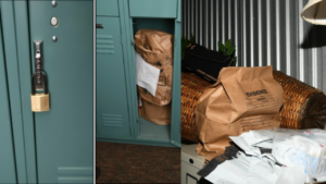 split screen of lockers and evidence bag and evidence bag on a file cabinet