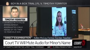 a woman appears on a monitor as she testifies in court