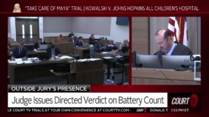 split screen showing attorneys and gallery in court and judge
