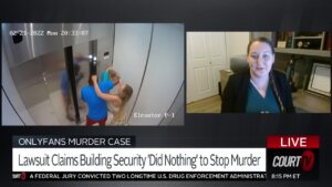 split screen of surveillance video and obumseli's family attorney