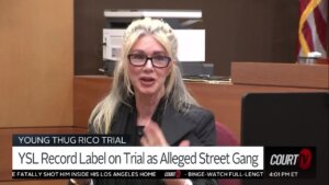 A blonde woman with glasses testifies in court