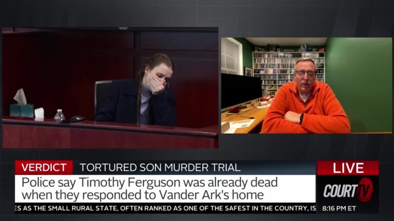 split screen showing shanda vander ark on the stand and prosecutor matt roberts