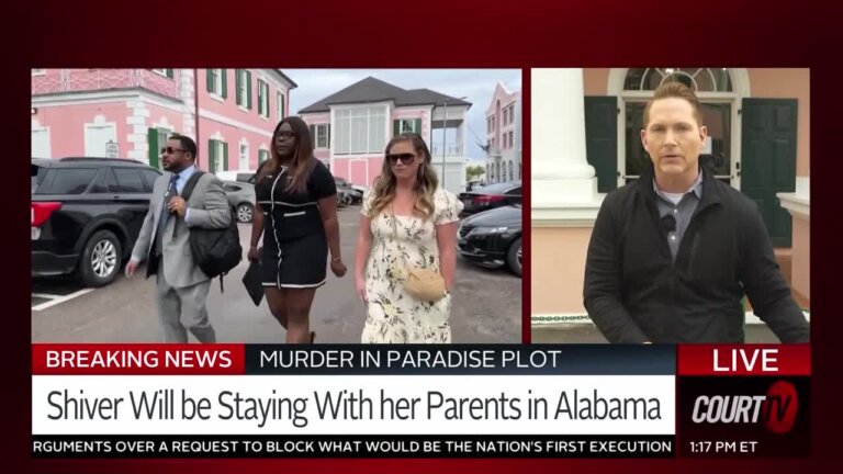 Splitscreen of Matt Johnson reporting and Lindsay Shiver leaving court.