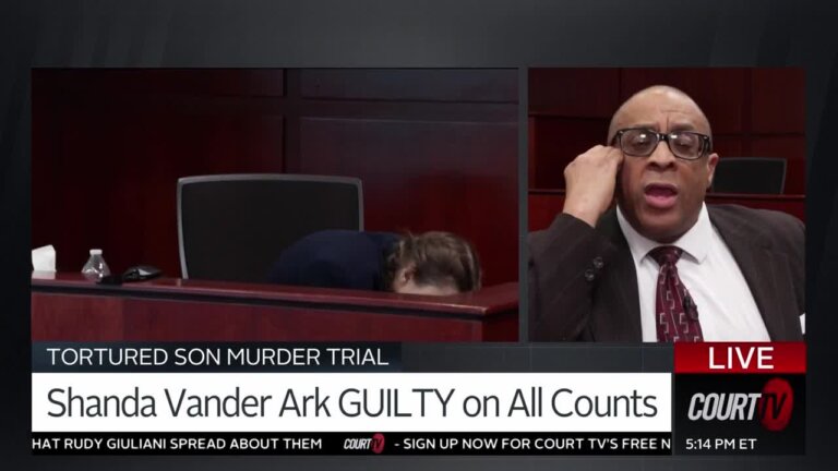 split screen of shanda vander ark vomiting on the witness stand and her defense attorney speaking to the camera