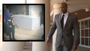 Kassceen weaver walks towards the camera, an inset picture shows a freezer