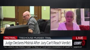 split screen of franklin tucker in court and his wife Lauren Jenai