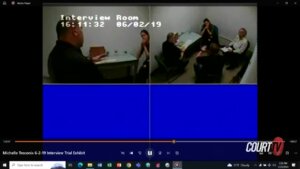 split screen of surveillance video showing police interrogation