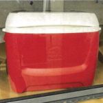 A red cooler with white top