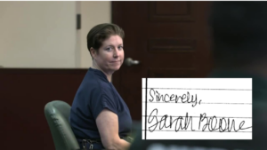 Sarah boone in court with her signature overlaid