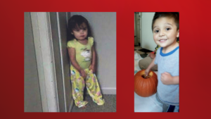 pictures of two young children on a red background