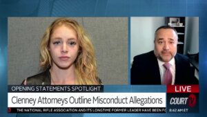 Splitscreen of Courtney Clenney and her attorney.