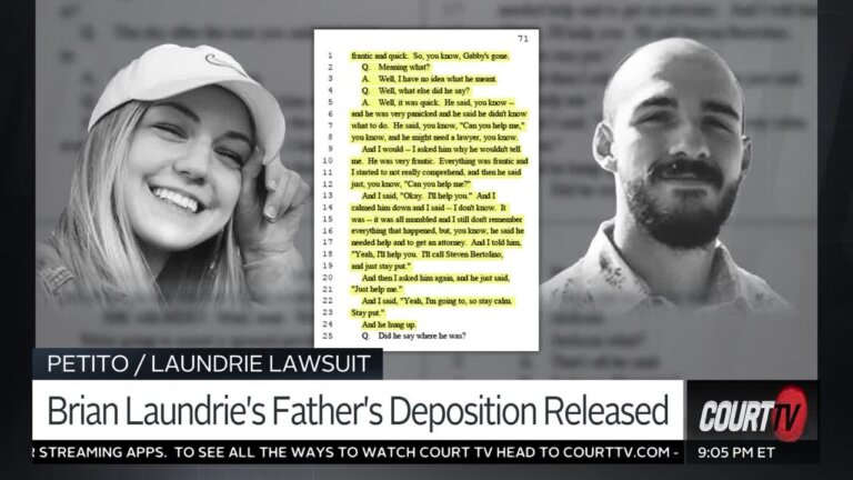 Graphic with black and white photos of Gabby Petito and Brian Laundrie as well as highlighted text