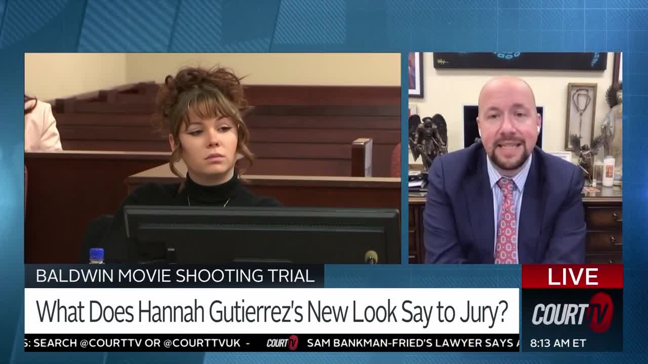 Hannah Gutierrez in court, split screen with guest analyst.