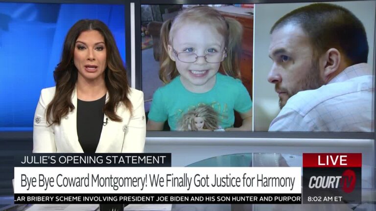 Julie Grant at the anchor desk with a splitscreen of Harmony and Adam Montgomery on the monitor.