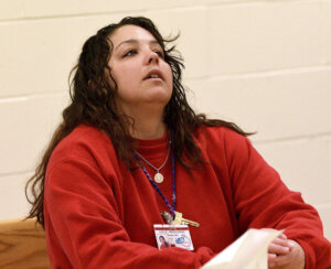 Kayla Montgomery looks up during her parole hearing