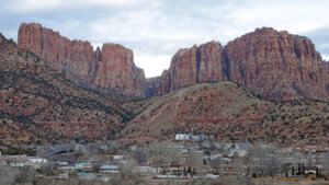 Hildale, Utah, is pictured sitting at the base of Red Rock Cliff mountains