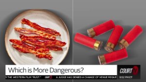 Splitscreen of bacon and gun ammunition.