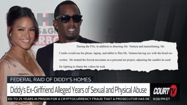 Cassie and Sean Combs with graphic from lawsuit