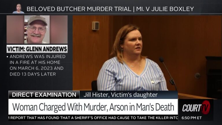 Jill Hister, the daughter of the victim takes the stand in the Beloved Butcher Murder Trial, where Julie Boxley is accused in the March 2023 death of 72-year-old Glenn Andrews.