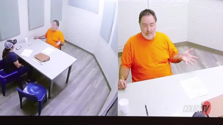 split screen shows two views of a police interview