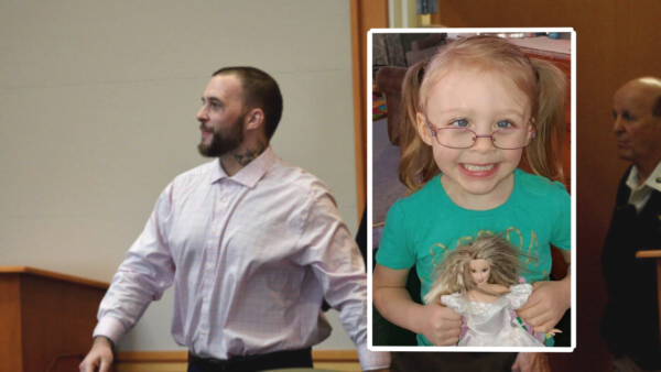 composite photo showing Adam Montgomery in court with inset photo of Harmony Montgomery