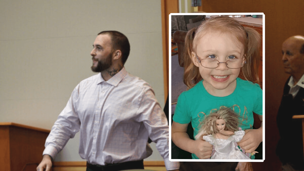 composite photo showing Adam Montgomery in court with inset photo of Harmony Montgomery