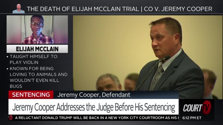 Jeremy Cooper addresses the judge before sentencing. Cooper was convicted of criminally negligent homicide for administering the sedative ultimately blamed for killing Elijah McClain.