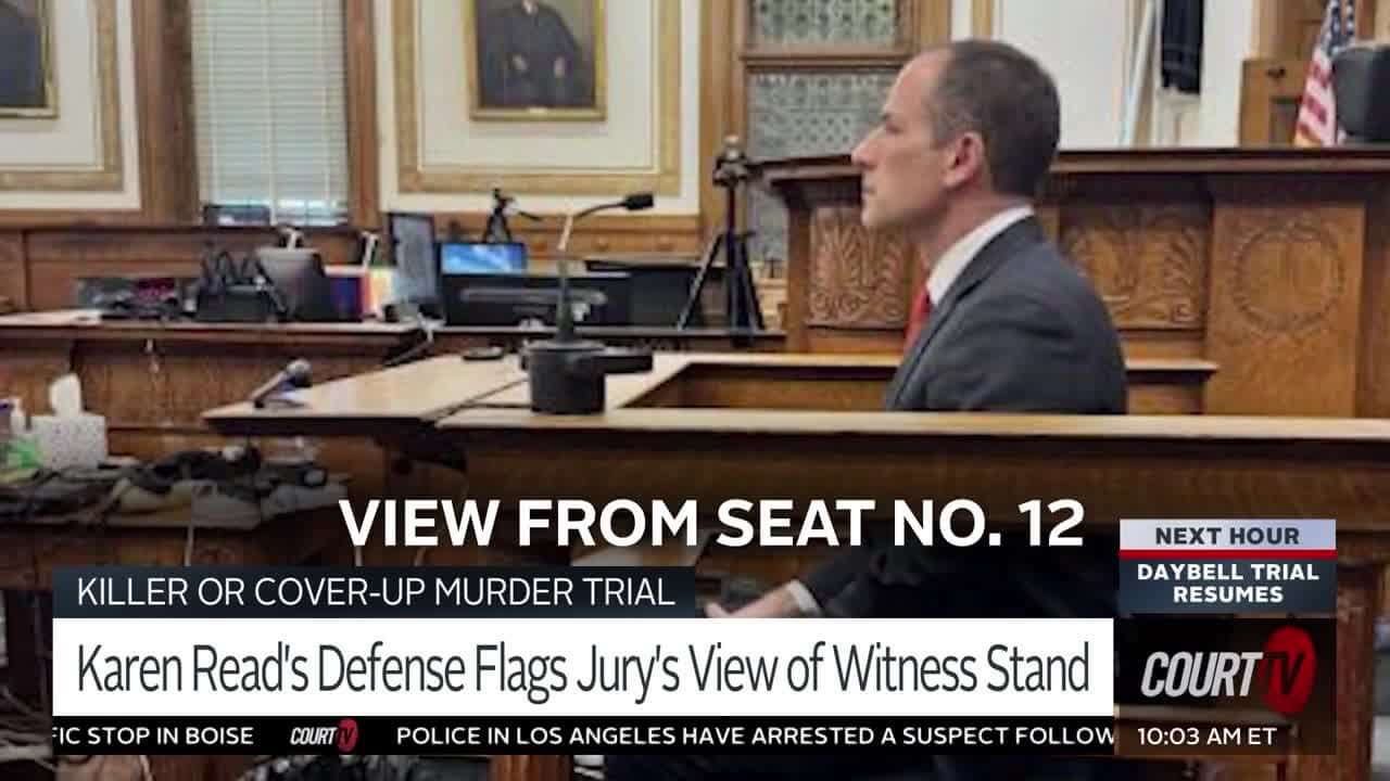 Karen Read's attorney sits in the jury box with text overlay