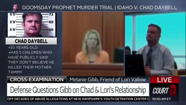 melanie gibb testifying split screen with chad daybell and text overlays