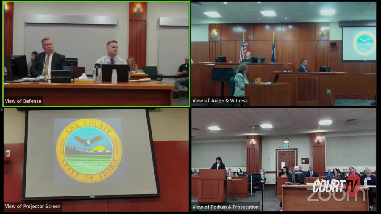 four screens show different angles of a courtroom