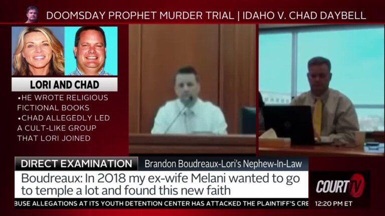 split screen of brandon boudreaux testifying and chad daybell