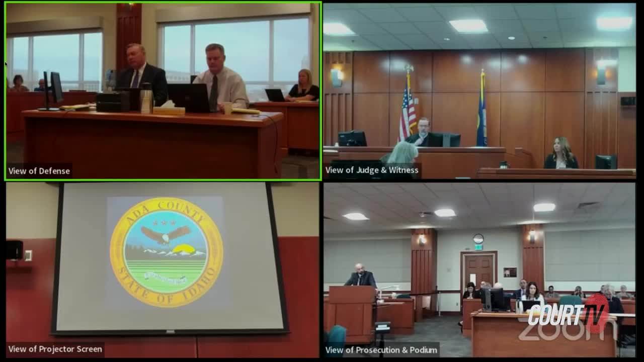 four screens showing a courtroom via webex