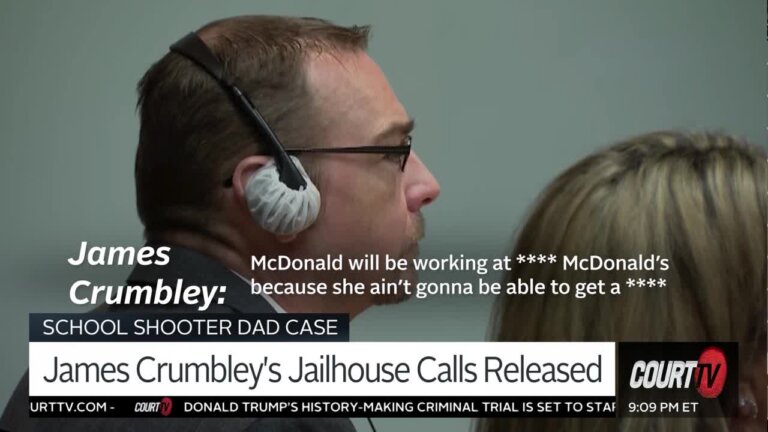 James Crumbley in court with headphones with text overlay