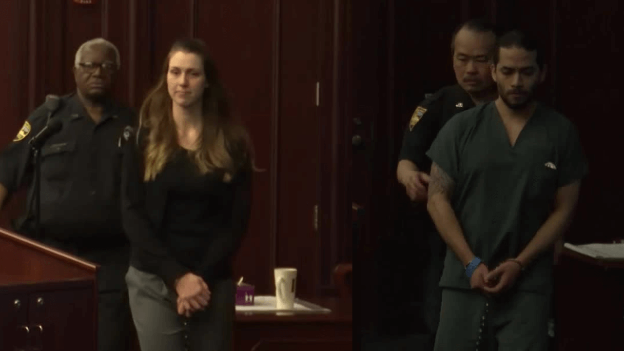 Split screen of Shanna Gardner and Mario Saladna entering court in shackles.