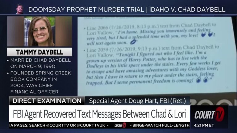 Texts between Chad Daybell and Lori Vallow are shown onscreen.