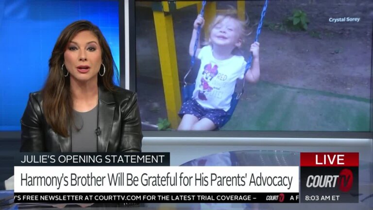 Julie Grant with a picture of Harmony Montgomery on the monitor.