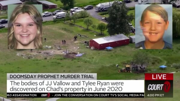 GFX of pictures of Tylee and JJ on top of a wide shot of Chad Dybell's property.