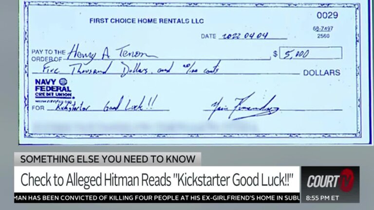 A check given to the alleged hitman reads, 'Kickstarter Good Luck!!' Jared Bridegan was shot and killed in what prosecutors said was a murder-for-hire plot. His ex-wife, Shanna Gardner, her husband and another man were charged.