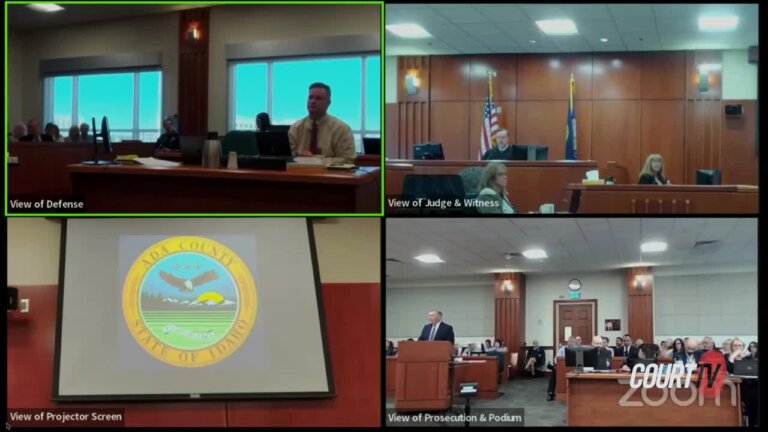 four boxes on zoom screen showing courtroom