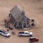 This aerial photo shows the movie set of 