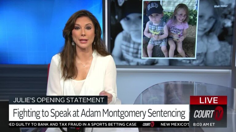 Julie Grant with a photo of Harmony Montgomery and her brother on the monitor.