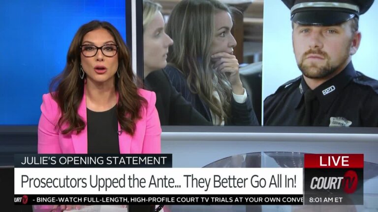 Julie Grant with a splitscreen on the monitor behind her of Karen Read and John O'Keefe.