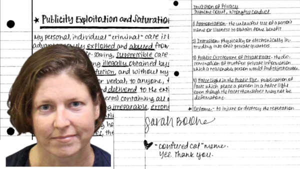 composite photo showing Sarah Boone's photo over text from a letter she sent the judge